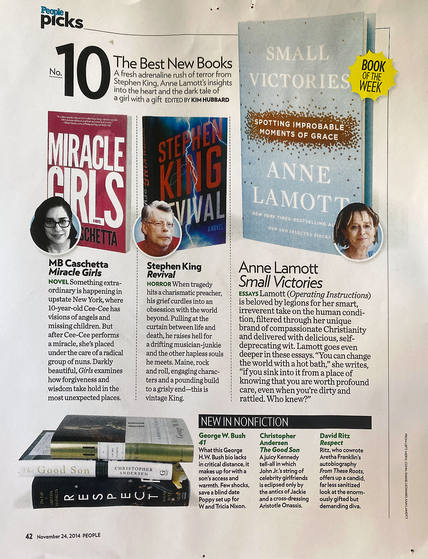 Complete People magazine Best New Books page showing MB Caschetta beside Stephen King and Anne Lamott